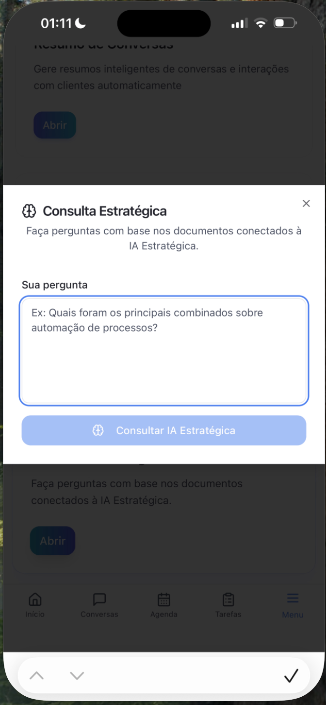 Tela de Consulta Estratégica da pAI, com campo para perguntas baseadas nos documentos conectados à IA