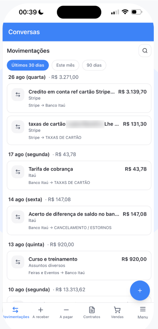 Tela de movimentações financeiras da pAI com valores demonstrativos por dia, conta e categoria