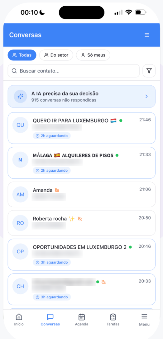 Tela de conversas da pAI com fila por setor, responsáveis, tempo de espera e histórico centralizado