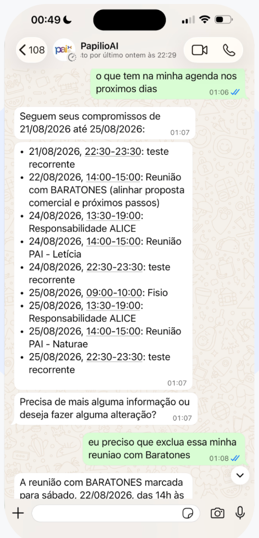 Conversa no WhatsApp em que a pAI lista os compromissos do dia e confirma um reagendamento sincronizado com a agenda