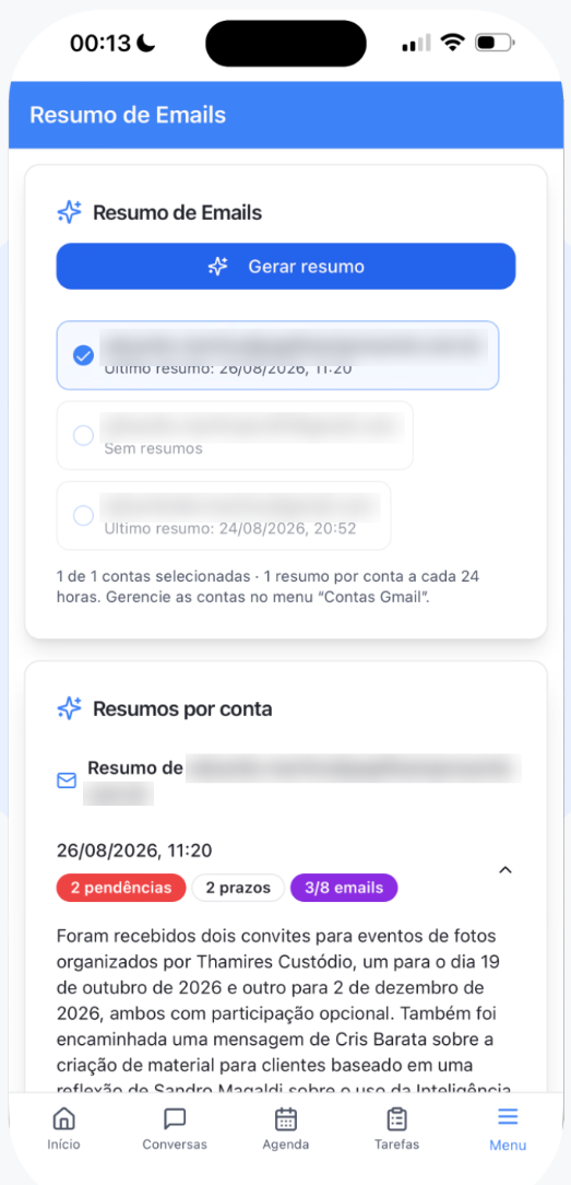 Tela de resumo de e-mails da pAI, com contas conectadas e resumo por conta apontando pendências e prazos