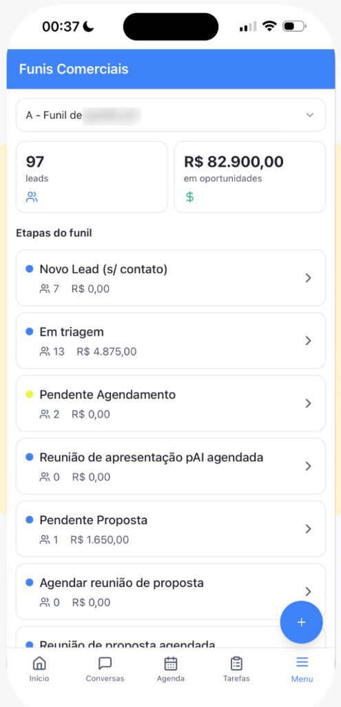 Funil comercial da pAI com etapas, quantidade de leads e valor em oportunidades